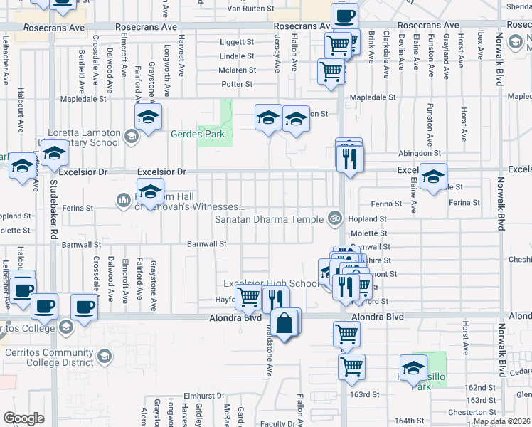 map of restaurants, bars, coffee shops, grocery stores, and more near 15216 Roseton Avenue in Norwalk