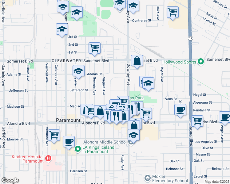 map of restaurants, bars, coffee shops, grocery stores, and more near 15514 Wiemer Avenue in Paramount
