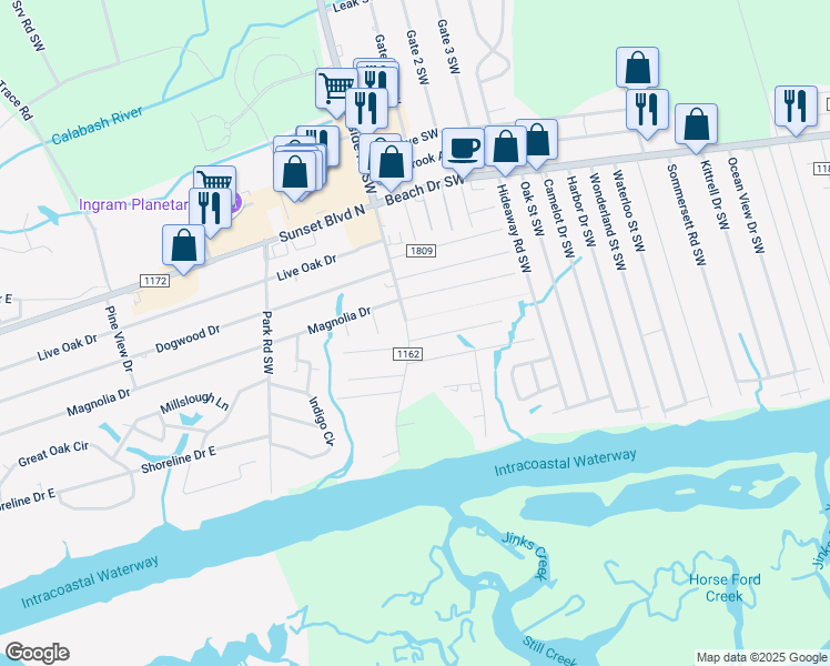 map of restaurants, bars, coffee shops, grocery stores, and more near 7299 Nursery Road Southwest in Ocean Isle Beach