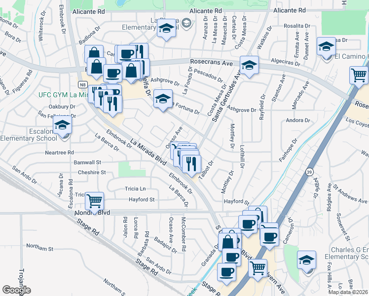 map of restaurants, bars, coffee shops, grocery stores, and more near 15233 Santa Gertrudes Avenue in La Mirada