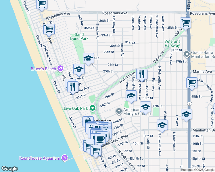 map of restaurants, bars, coffee shops, grocery stores, and more near 557 21st Street in Manhattan Beach