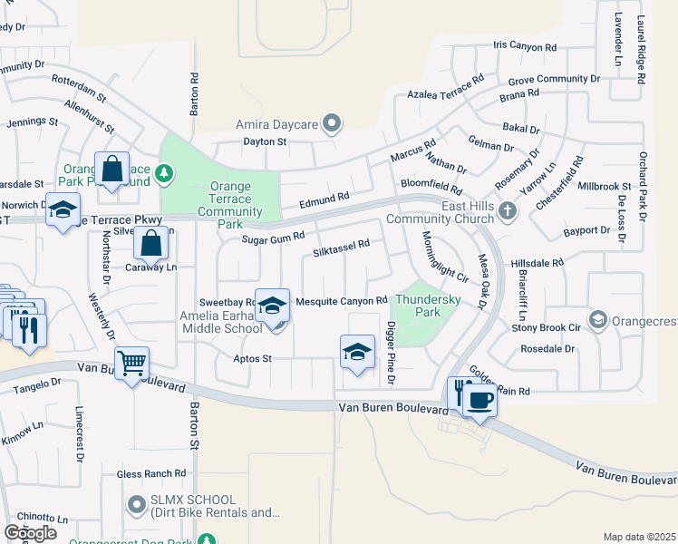 map of restaurants, bars, coffee shops, grocery stores, and more near 8738 Senna Lane in Riverside
