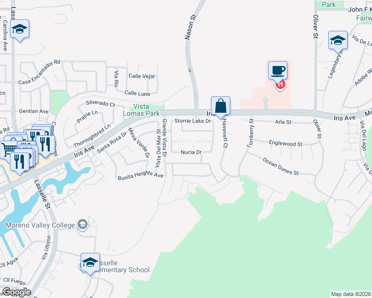 map of restaurants, bars, coffee shops, grocery stores, and more near 26906 Nucia Drive in Moreno Valley