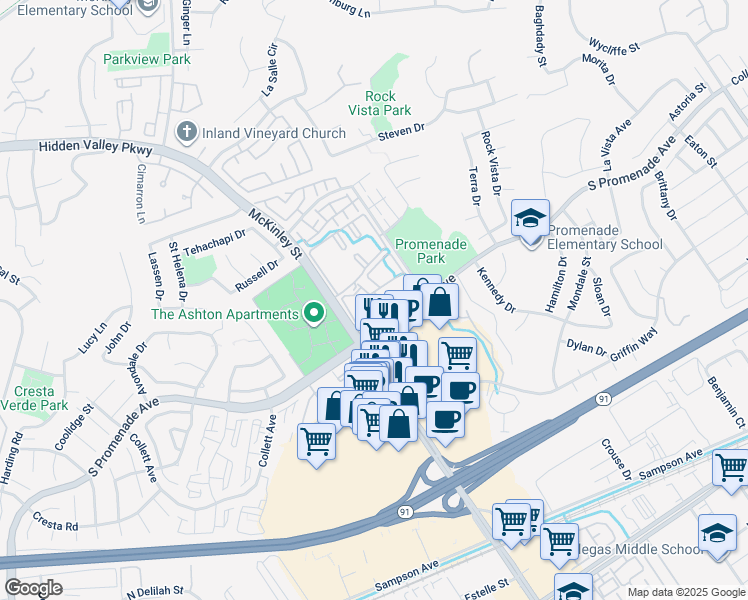 map of restaurants, bars, coffee shops, grocery stores, and more near 2235 Treehouse Lane in Corona