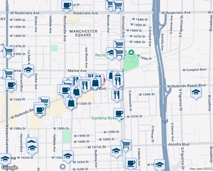 map of restaurants, bars, coffee shops, grocery stores, and more near 1141 West Redondo Beach Boulevard in Gardena