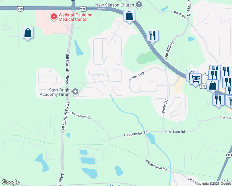 map of restaurants, bars, coffee shops, grocery stores, and more near 376 Rosemont Court in Hiram
