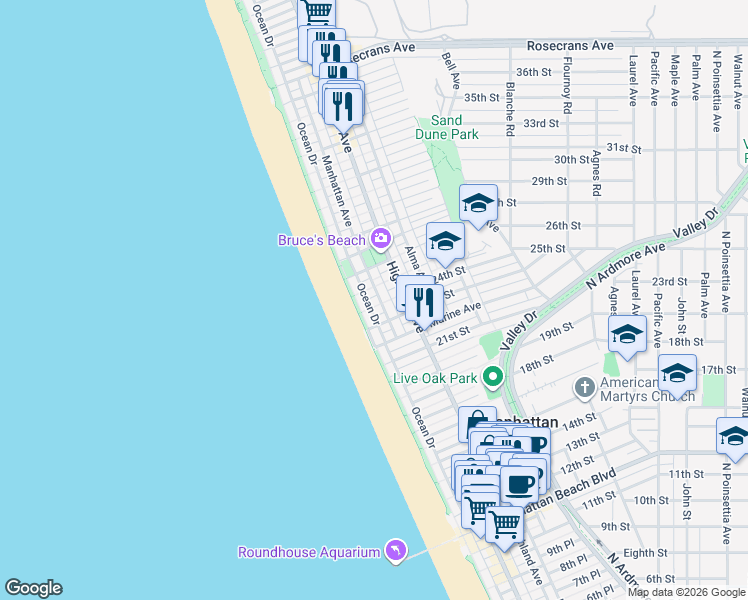 map of restaurants, bars, coffee shops, grocery stores, and more near 121 24th Place in Manhattan Beach