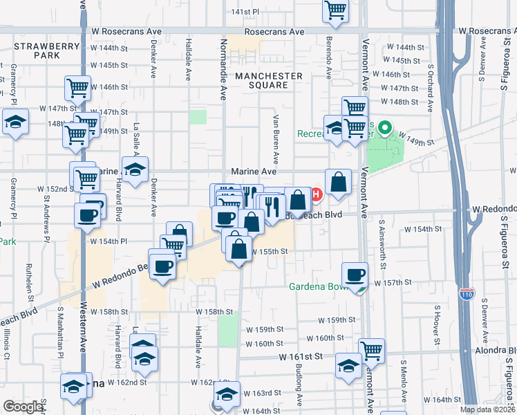 map of restaurants, bars, coffee shops, grocery stores, and more near 16911 Raymond Place in Gardena