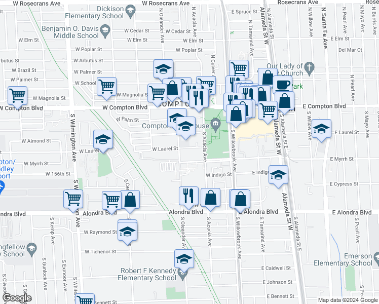 map of restaurants, bars, coffee shops, grocery stores, and more near 330 West Laurel Street in Compton