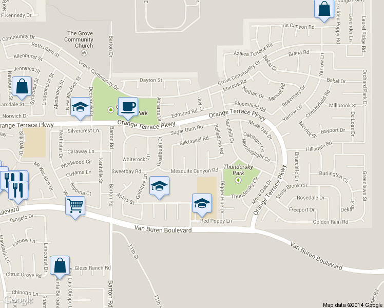 map of restaurants, bars, coffee shops, grocery stores, and more near 8738 Senna Lane in Riverside