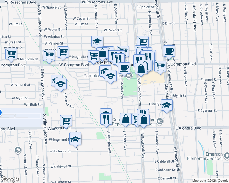 map of restaurants, bars, coffee shops, grocery stores, and more near 311 West Myrrh Street in Compton