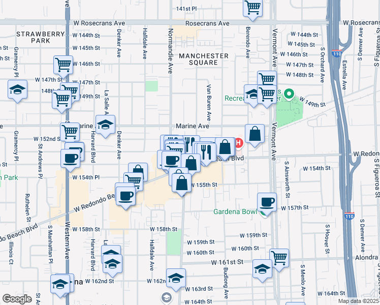 map of restaurants, bars, coffee shops, grocery stores, and more near 15303 South Raymond Avenue in Gardena