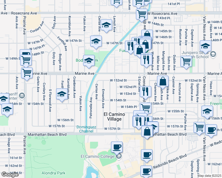 map of restaurants, bars, coffee shops, grocery stores, and more near 15309 Faysmith Avenue in Gardena
