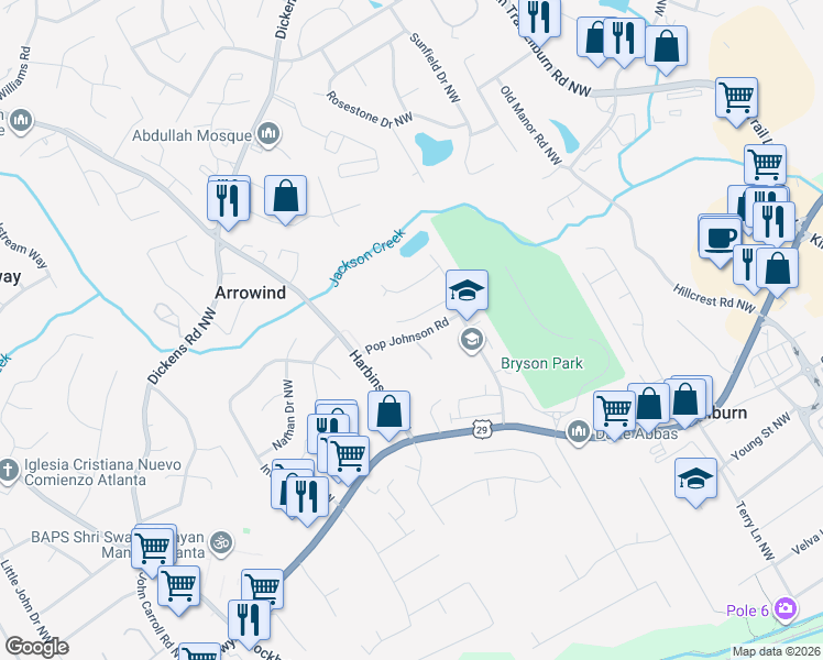 map of restaurants, bars, coffee shops, grocery stores, and more near 5240 Sterling Trace Court Northwest in Lilburn