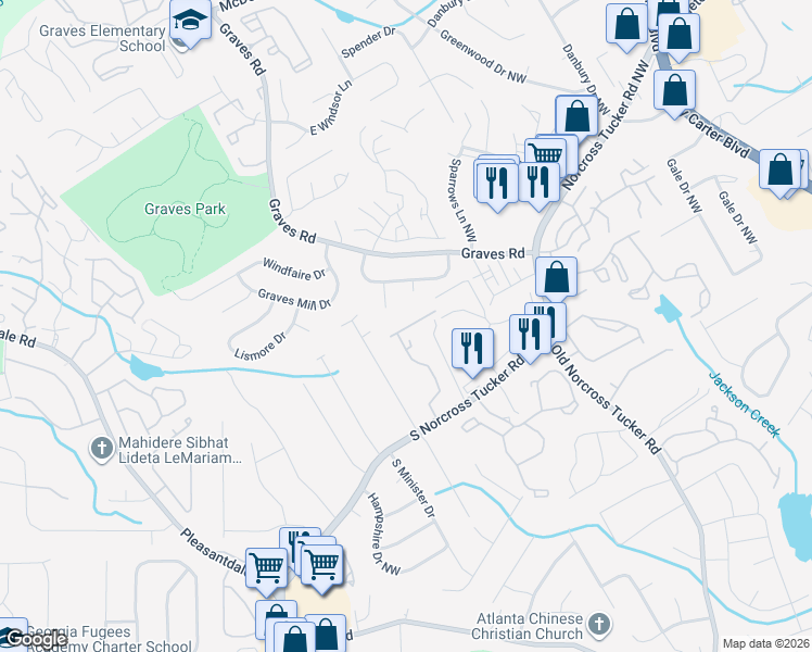 map of restaurants, bars, coffee shops, grocery stores, and more near 1449 Branch Drive in Tucker