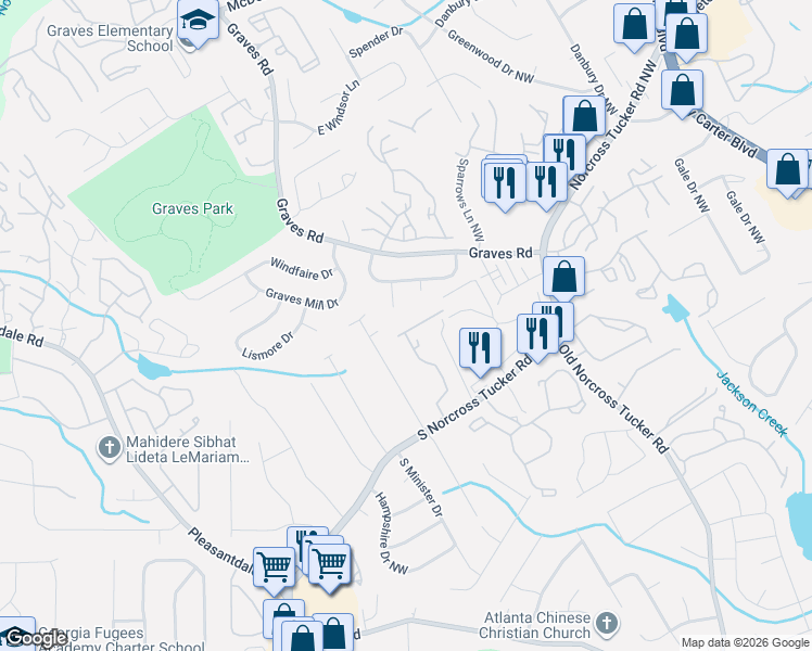 map of restaurants, bars, coffee shops, grocery stores, and more near 1404 Branch Drive in Tucker