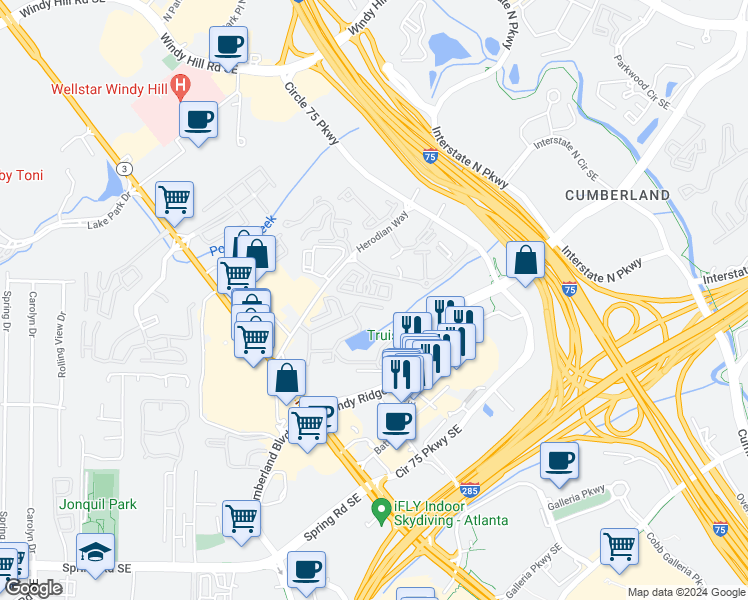 map of restaurants, bars, coffee shops, grocery stores, and more near 2494 Crescent Park Court in Atlanta