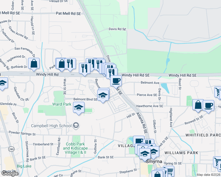 map of restaurants, bars, coffee shops, grocery stores, and more near 1129 Kirkland Circle in Smyrna