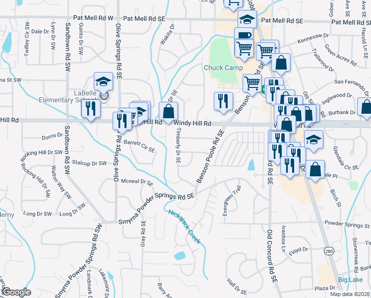 map of restaurants, bars, coffee shops, grocery stores, and more near 196 Evergreen Drive Southeast in Marietta