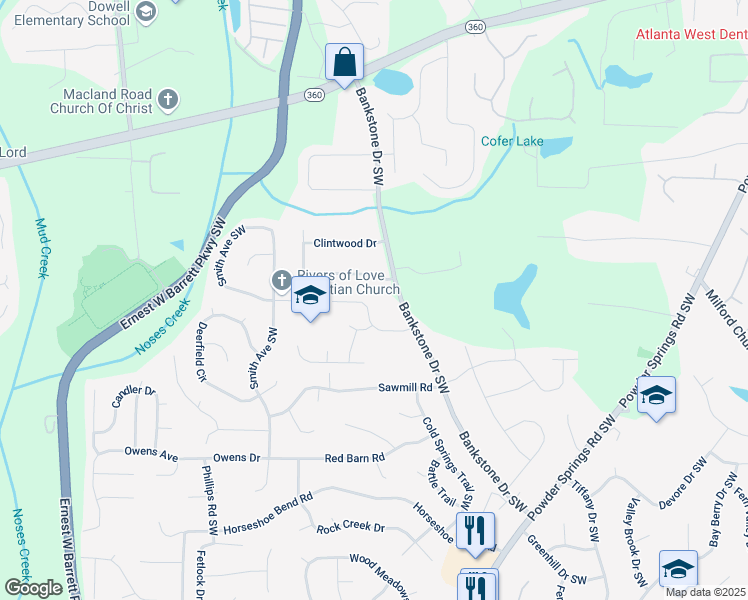 map of restaurants, bars, coffee shops, grocery stores, and more near 2312 Luther Terrace Southwest in Marietta