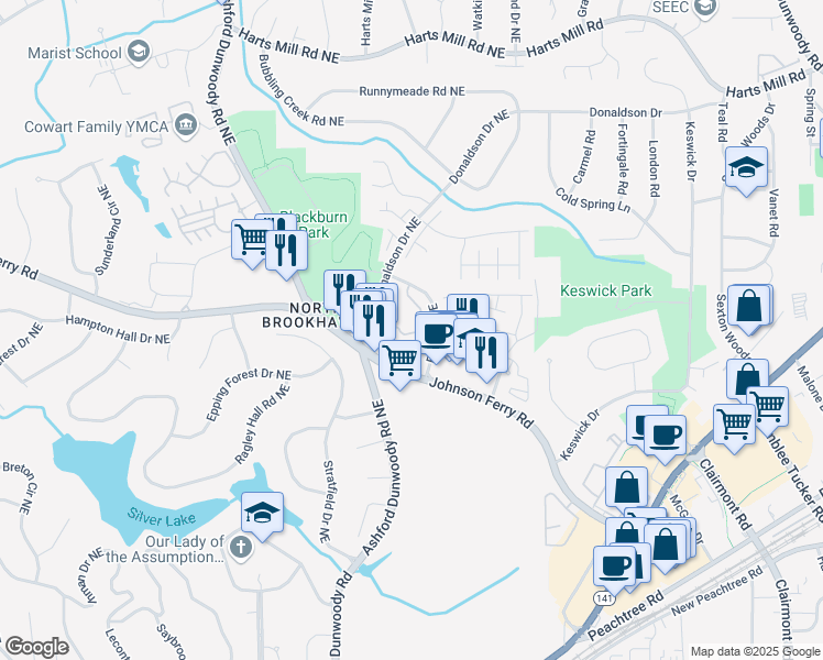map of restaurants, bars, coffee shops, grocery stores, and more near 2188 Johnson Ferry Road Northeast in Atlanta