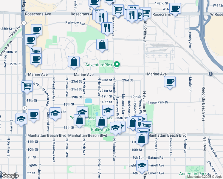 map of restaurants, bars, coffee shops, grocery stores, and more near 1645 21st Street in Manhattan Beach
