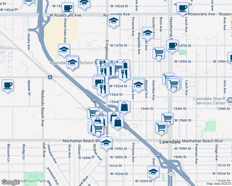 map of restaurants, bars, coffee shops, grocery stores, and more near 4715 153rd Street in Lawndale