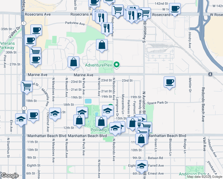 map of restaurants, bars, coffee shops, grocery stores, and more near 1645 21st Street in Manhattan Beach