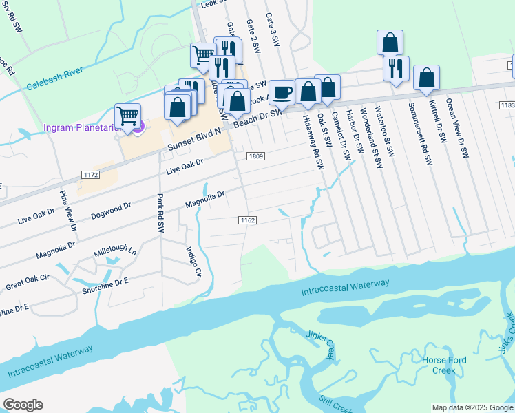 map of restaurants, bars, coffee shops, grocery stores, and more near 7295 Lula Street Southwest in Ocean Isle Beach