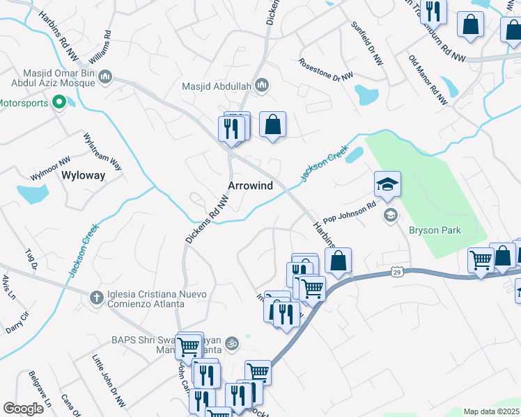 map of restaurants, bars, coffee shops, grocery stores, and more near 631 Harbins Road Northwest in Lilburn
