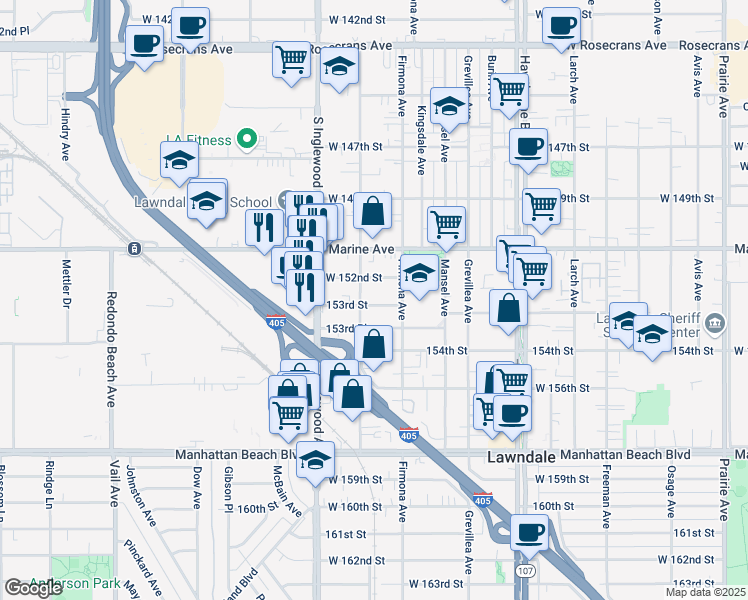 map of restaurants, bars, coffee shops, grocery stores, and more near 4635 153rd Street in Lawndale