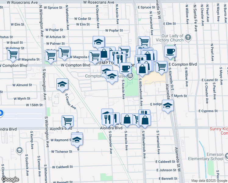 map of restaurants, bars, coffee shops, grocery stores, and more near 330 West Laurel Street in Compton