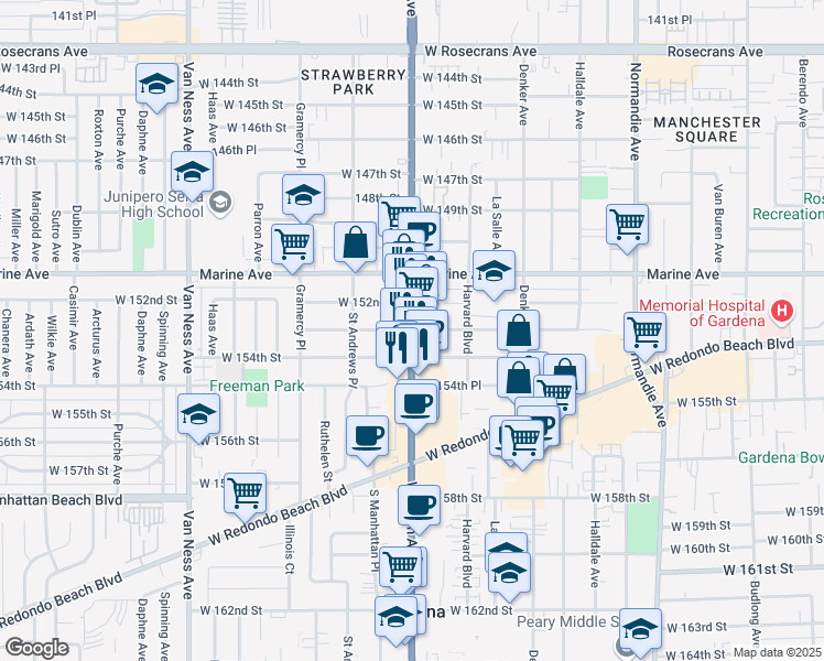map of restaurants, bars, coffee shops, grocery stores, and more near S Western Ave & W 153rd St in Gardena
