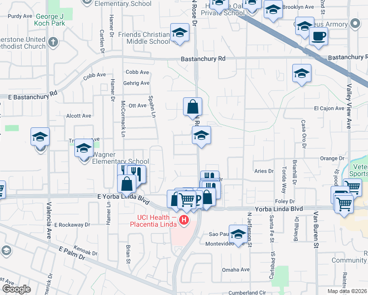 map of restaurants, bars, coffee shops, grocery stores, and more near 16692 Meadowview Drive in Yorba Linda