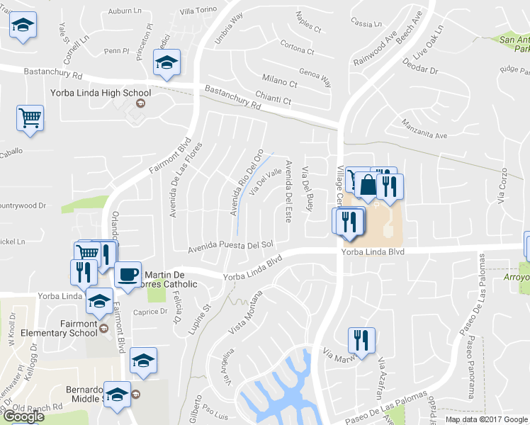 map of restaurants, bars, coffee shops, grocery stores, and more near 4640 Vía Frondosa in Yorba Linda
