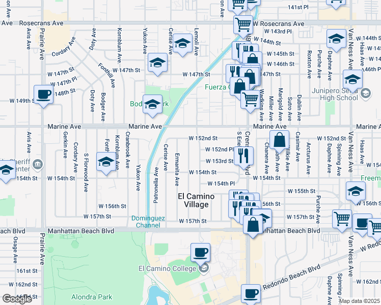 map of restaurants, bars, coffee shops, grocery stores, and more near 15309 Faysmith Avenue in Gardena