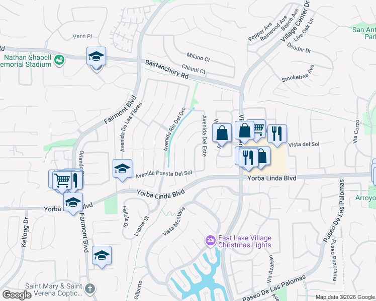 map of restaurants, bars, coffee shops, grocery stores, and more near 4640 Vía Frondosa in Yorba Linda