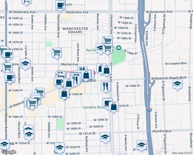 map of restaurants, bars, coffee shops, grocery stores, and more near 1141 West Redondo Beach Boulevard in Gardena