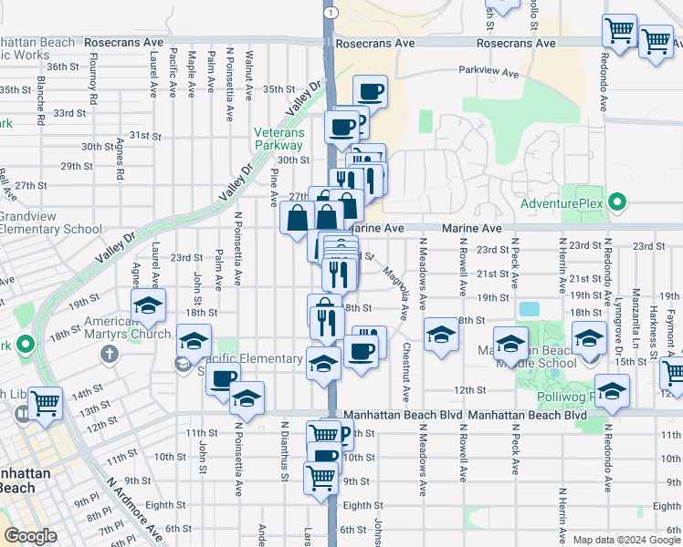map of restaurants, bars, coffee shops, grocery stores, and more near 2100 North Sepulveda Boulevard in Manhattan Beach
