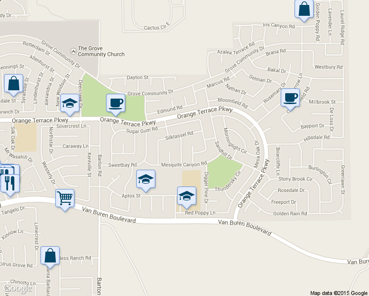 map of restaurants, bars, coffee shops, grocery stores, and more near 8720 Coyote Bush Road in Riverside