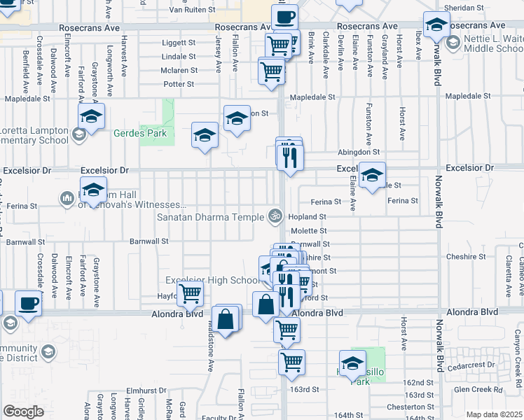 map of restaurants, bars, coffee shops, grocery stores, and more near 11712 Ferina Street in Norwalk