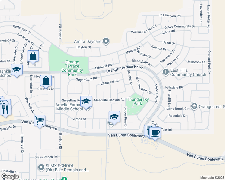 map of restaurants, bars, coffee shops, grocery stores, and more near 8753 Pinelane Circle in Riverside