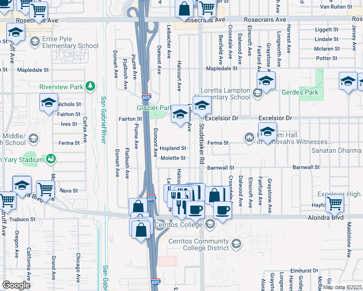 map of restaurants, bars, coffee shops, grocery stores, and more near 10923 Hopland Street in Norwalk