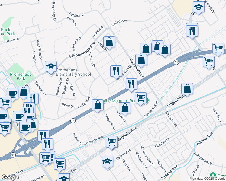 map of restaurants, bars, coffee shops, grocery stores, and more near 2915 Vía Milano in Corona