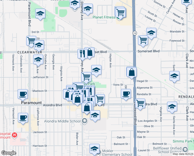 map of restaurants, bars, coffee shops, grocery stores, and more near 8600 Jefferson Street in Paramount