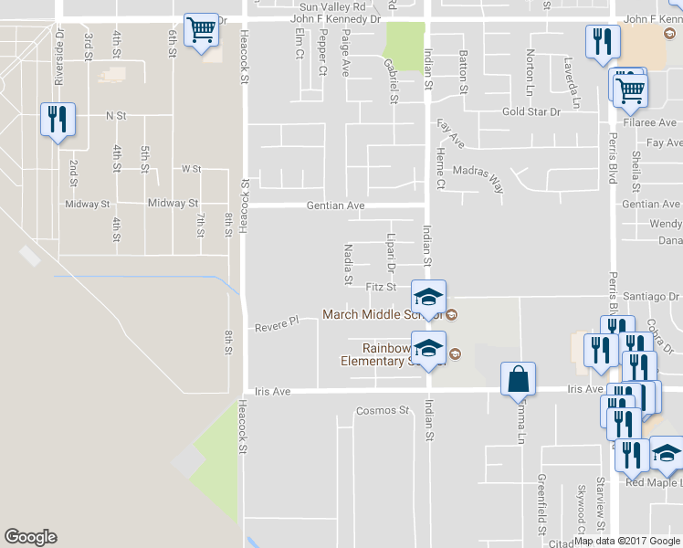 map of restaurants, bars, coffee shops, grocery stores, and more near 15685 Nadia Street in Moreno Valley