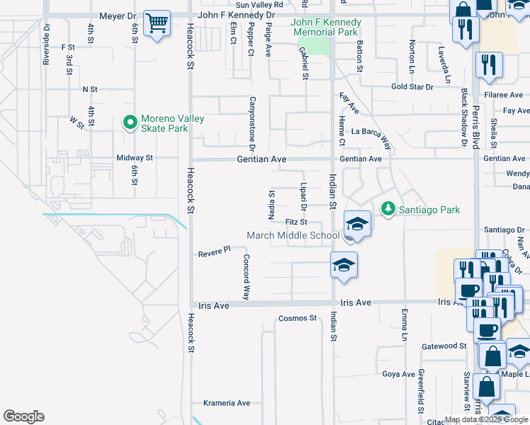 map of restaurants, bars, coffee shops, grocery stores, and more near 15685 Nadia Street in Moreno Valley