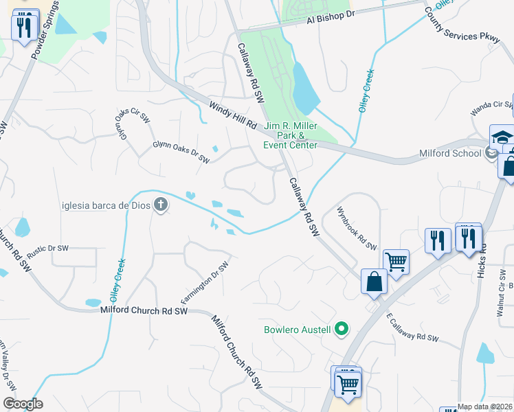map of restaurants, bars, coffee shops, grocery stores, and more near 1263 Fairridge Circle Southwest in Marietta