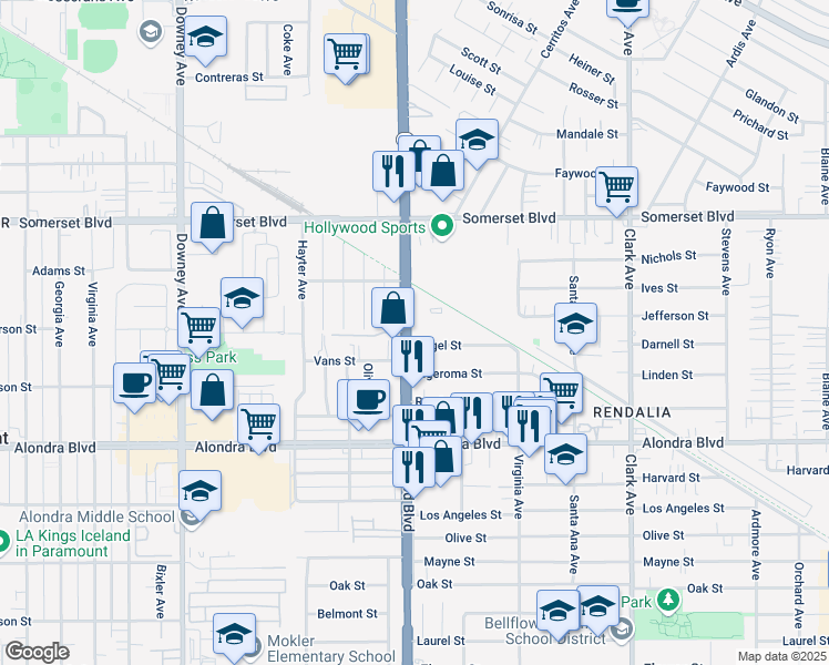 map of restaurants, bars, coffee shops, grocery stores, and more near 15535 Lakewood Boulevard in Paramount