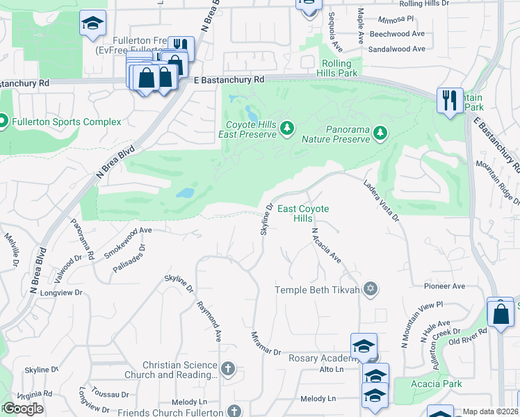 map of restaurants, bars, coffee shops, grocery stores, and more near 2309 Skyline Drive in Fullerton
